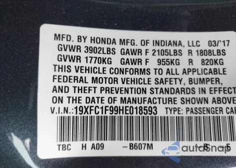 2017 Honda Civic Touring из США, поврежденный, VIN 19XFC1F99HE018593